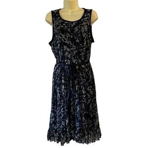 ILE Size 12 Navy & Beige Print Stretch Knit Dress with Tie Belt NWT Sleeveless